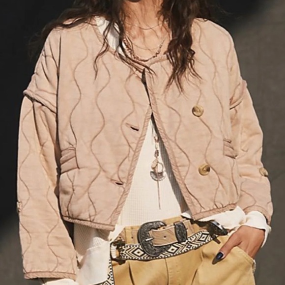 NWT FREE PEOPLE gwynnie quilted crop jacket in champagne diamonds size large - Picture 1 of 15